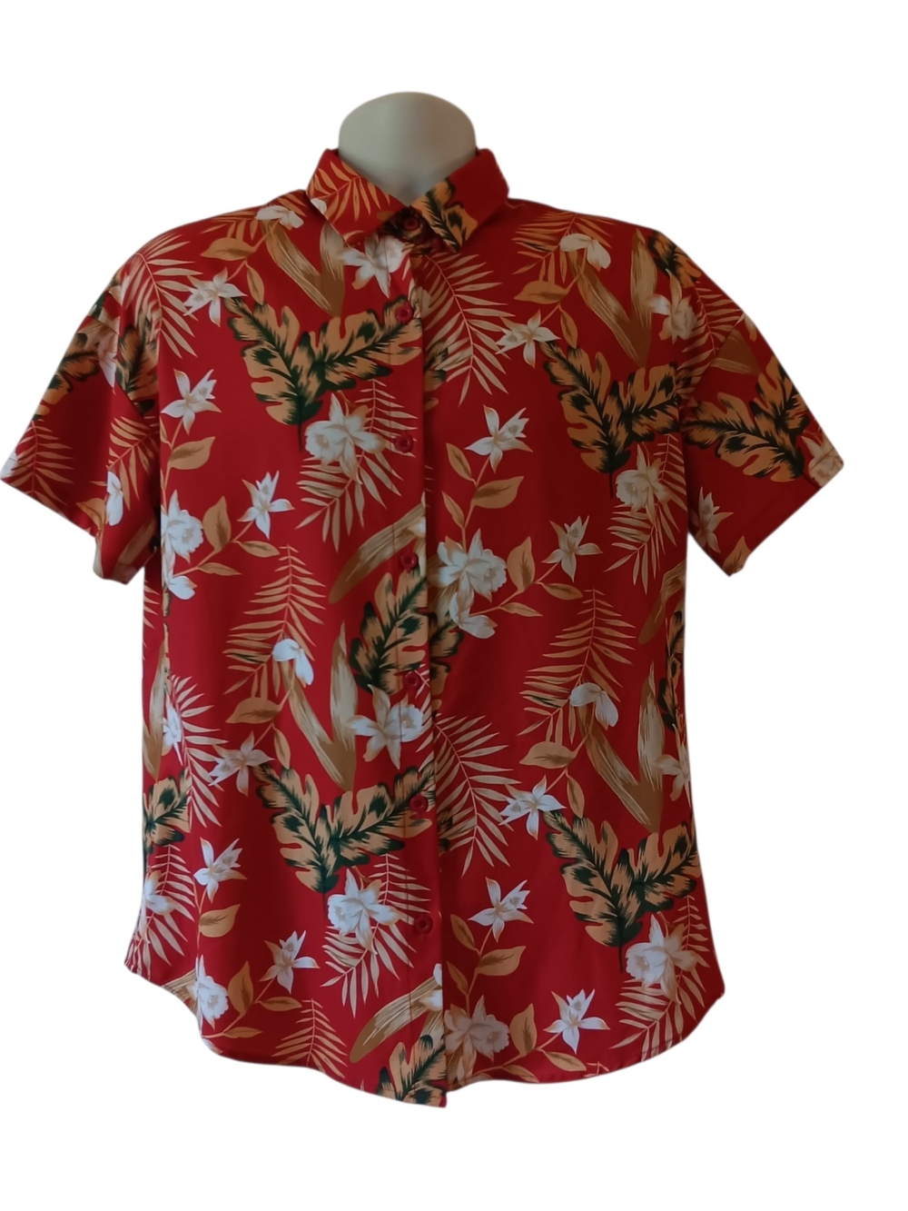 HT men's red floral hawaiian style short-sleeve button down shirt size M